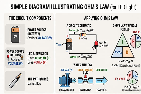 A simple diagram illustrating Ohm's Law with icons for power, voltage, and current.